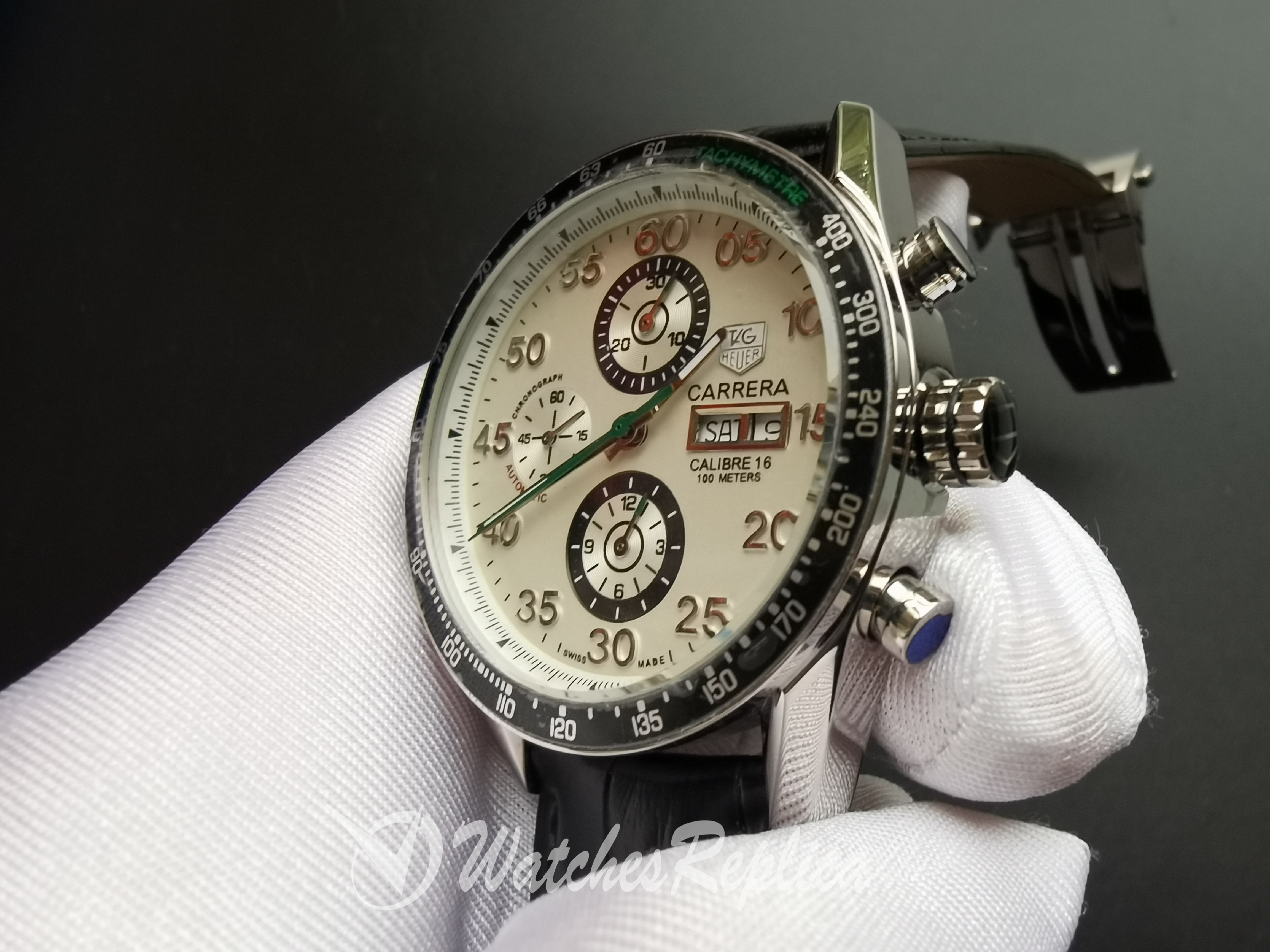 Tag Heuer Carrera 44MM Pr1146 In Pelle Nera E Quadrante Bianco Per Uomo Orologi Replica-2